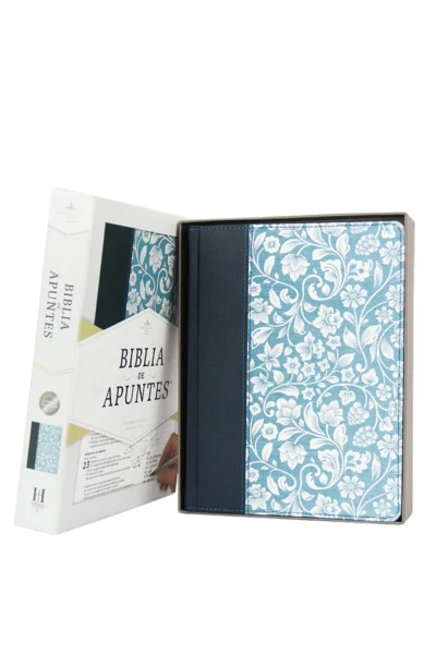 BIBLIA DE APUNTES AZUL PIEL GENUINA Y TELA IMPRESA